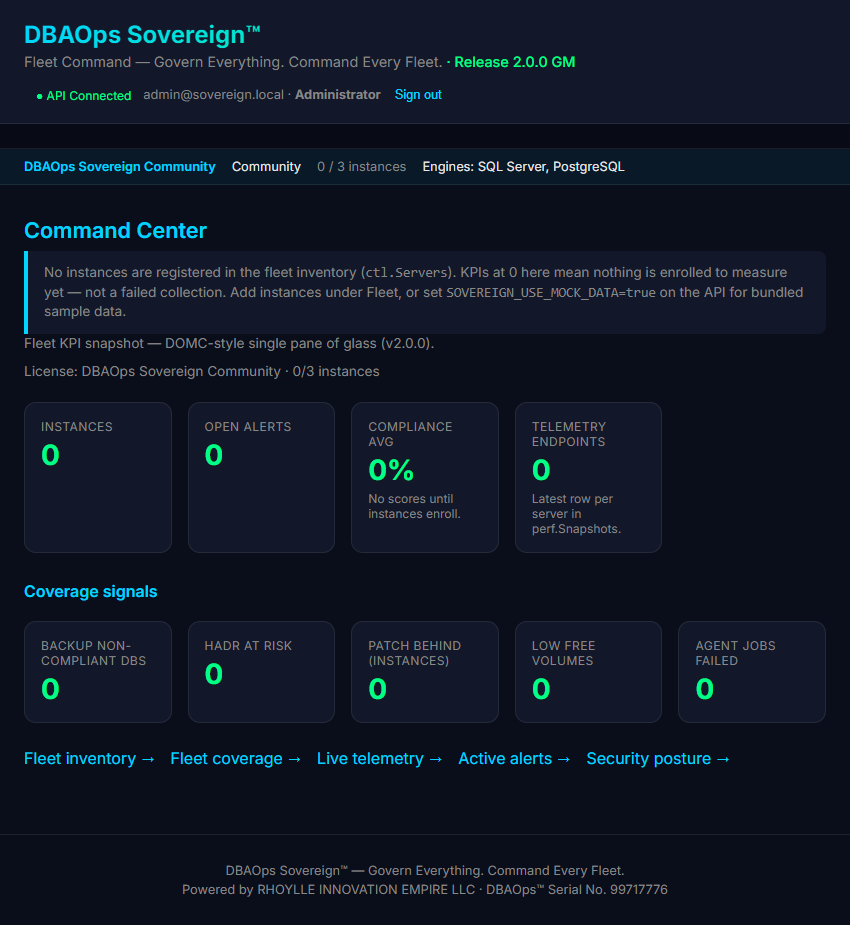 DBAOps Sovereign Command Center — fleet KPI pulse and navigation