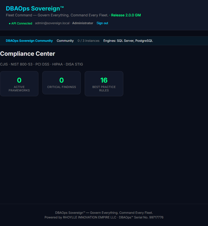 DBAOps Sovereign — Compliance center